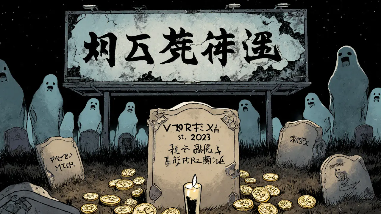 A graveyard of dead memecoins with VORTEX&#039;s tombstone under a fading AI dog meme billboard.