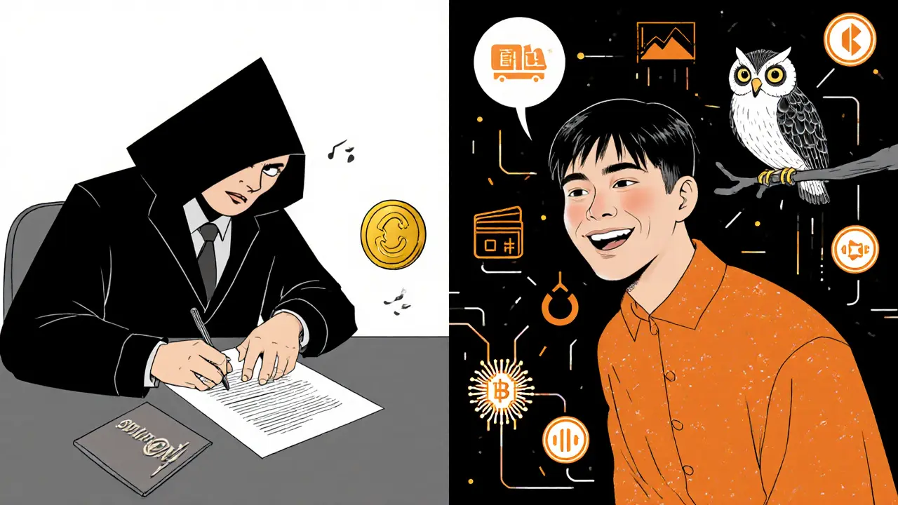 Artist compares oppressive record contract with fair OPUL system, AI owl watching over both sides.