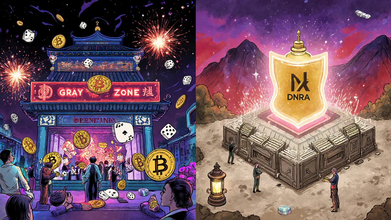 Contrasting chaotic unregulated crypto trading on the left with serene, compliant INX trading on the right under a FINRA lantern.