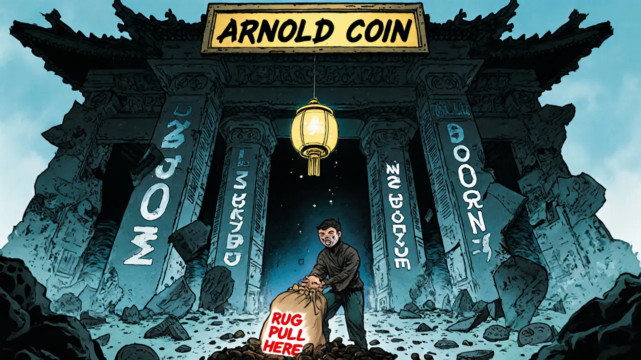 Crumbling ARNOLD coin temple with a masked figure dumping tokens into a pit and a &#039;Rug Pull Here&#039; sign.