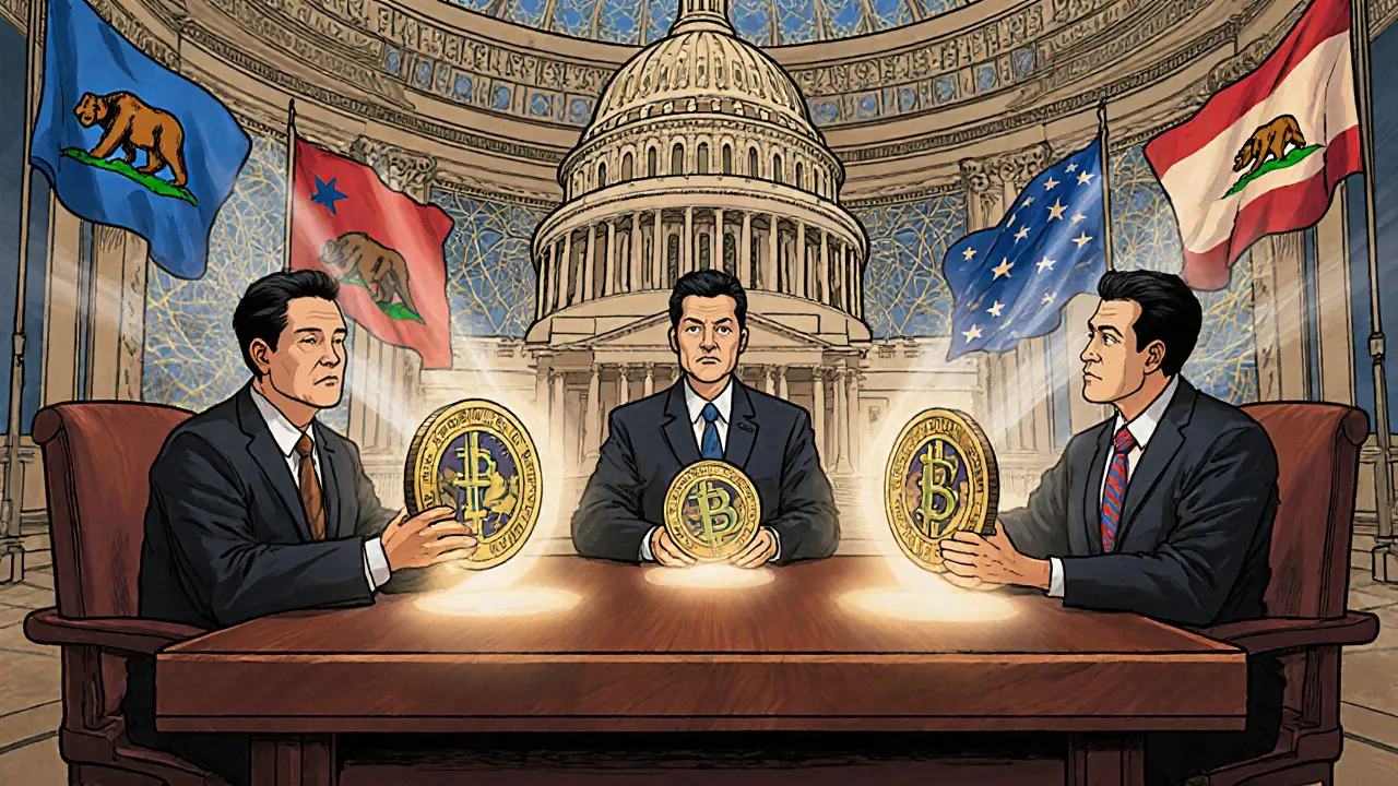 Federal regulators review stablecoin audits under the U.S. Capitol, state symbols fading unless compliant.