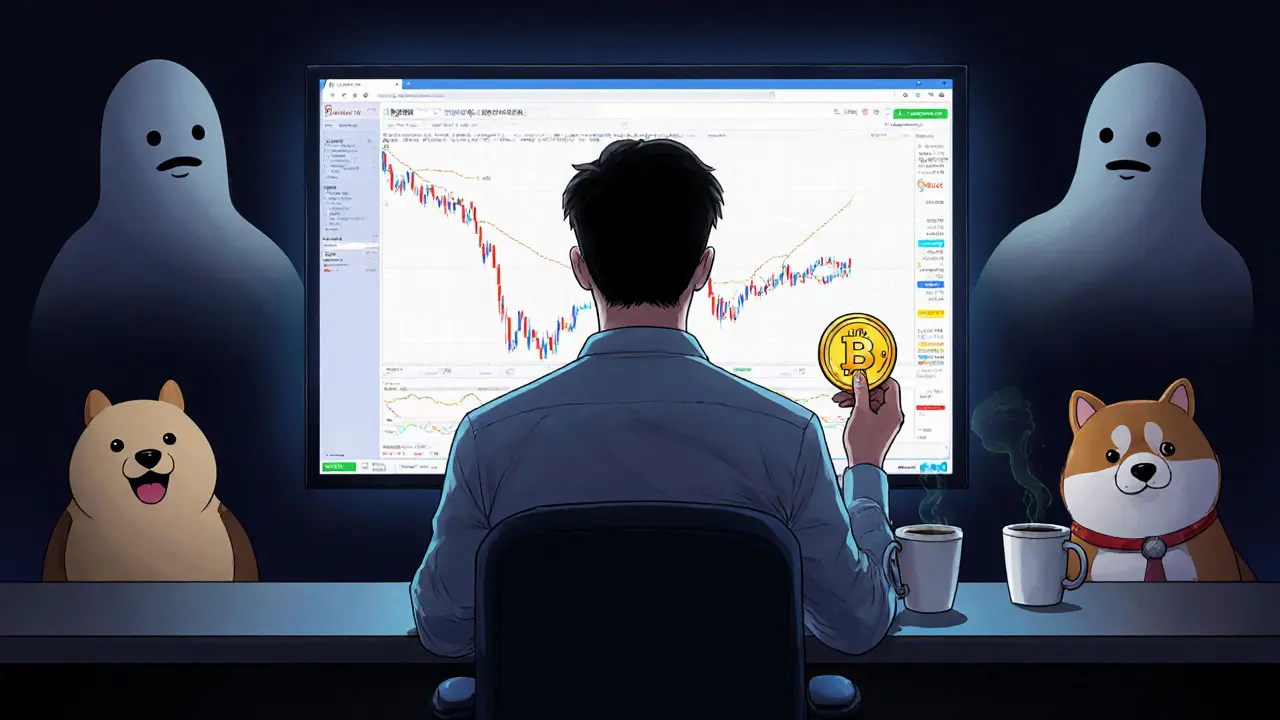 Lone trader staring at a <h2>From Peak to Pitfall</h2> trading volume screen, ghostly meme coins watching from shadows.