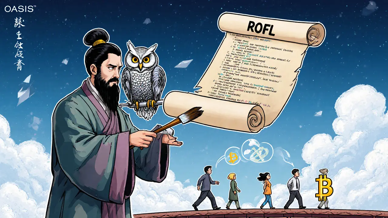 A scholar writing AI code on a scroll while a mechanical owl verifies computations, with blockchain bridges in the background.