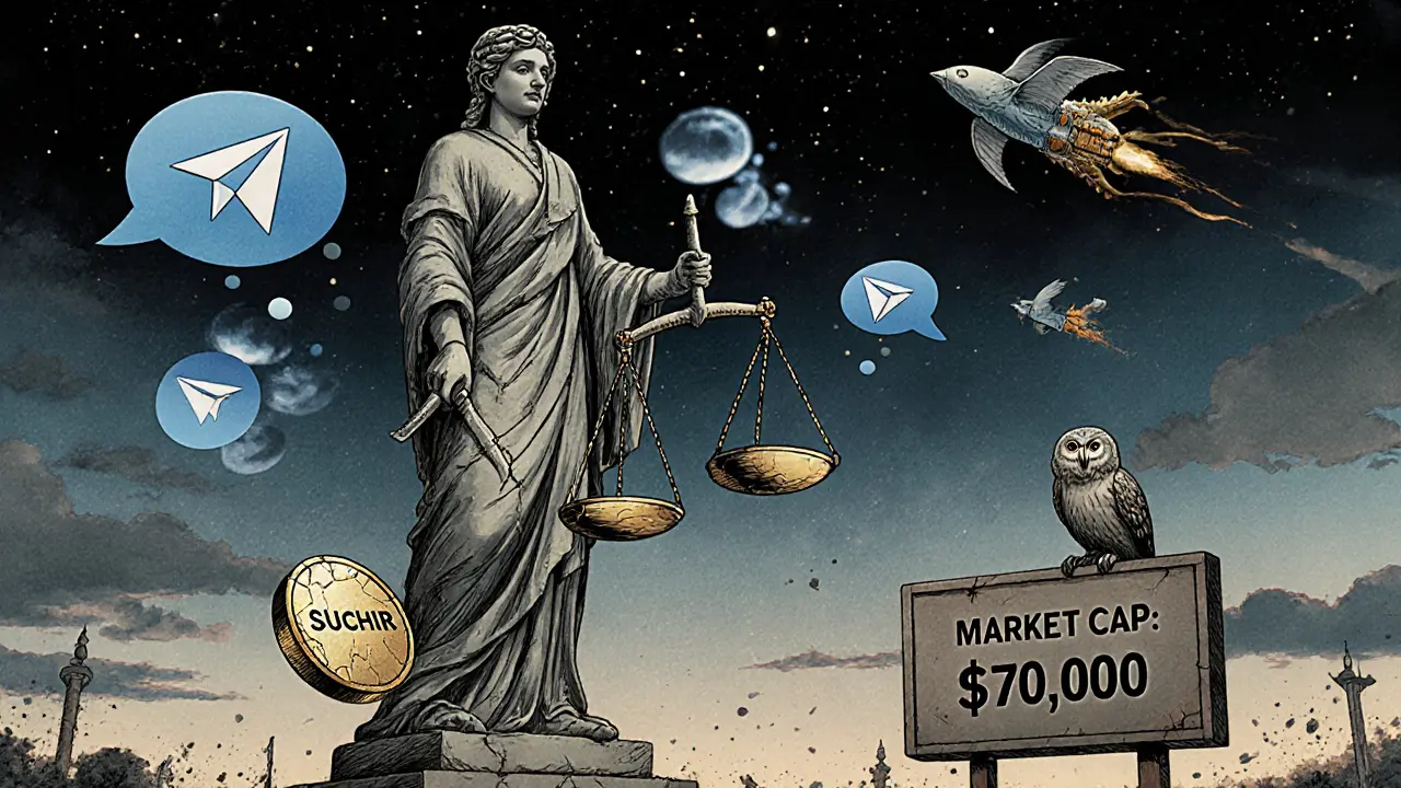 An abandoned crypto temple with a single coin on broken scales, empty chat bubbles, and whales flying away.