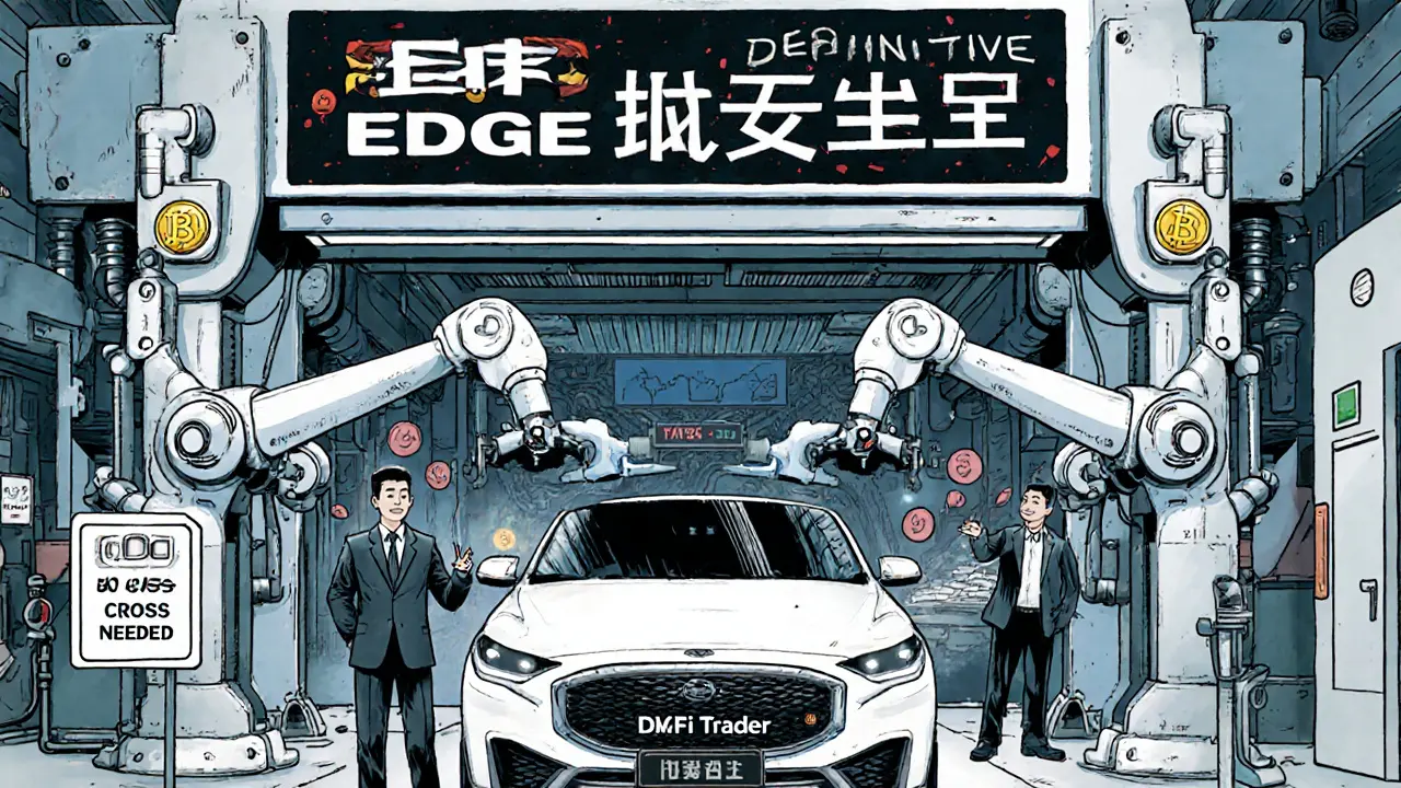 An auto shop servicing a DeFi trader&#039;s car with EDGE-powered tools, replacing gas fees and slippage.