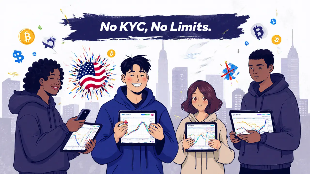 Traders using BloFin’s app to copy-trade with demo funds, while a blocked U.S. flag shatters in the background, Chinese manhua style.