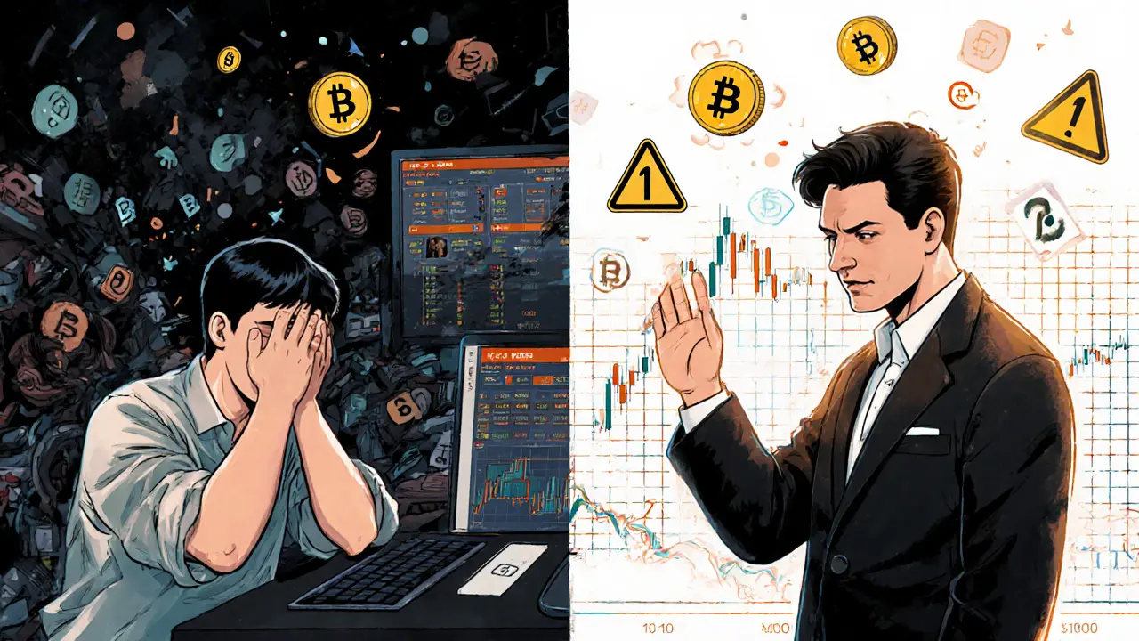 Beginner overwhelmed by complex trading interface vs. expert executing a smooth options strategy.