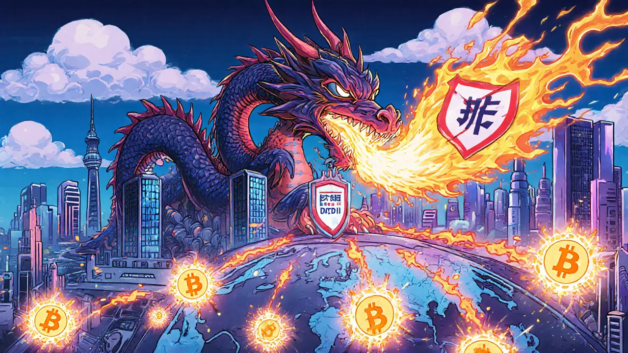 Dragon-shaped server farm with crypto deposits flowing in, some leading to explosions from wrong addresses.