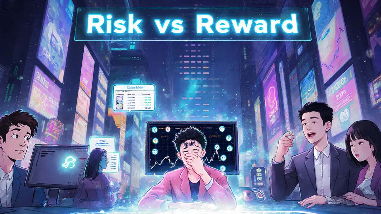 Group of traders using different crypto margin platforms in a futuristic hub, with visual indicators of risk and tools.