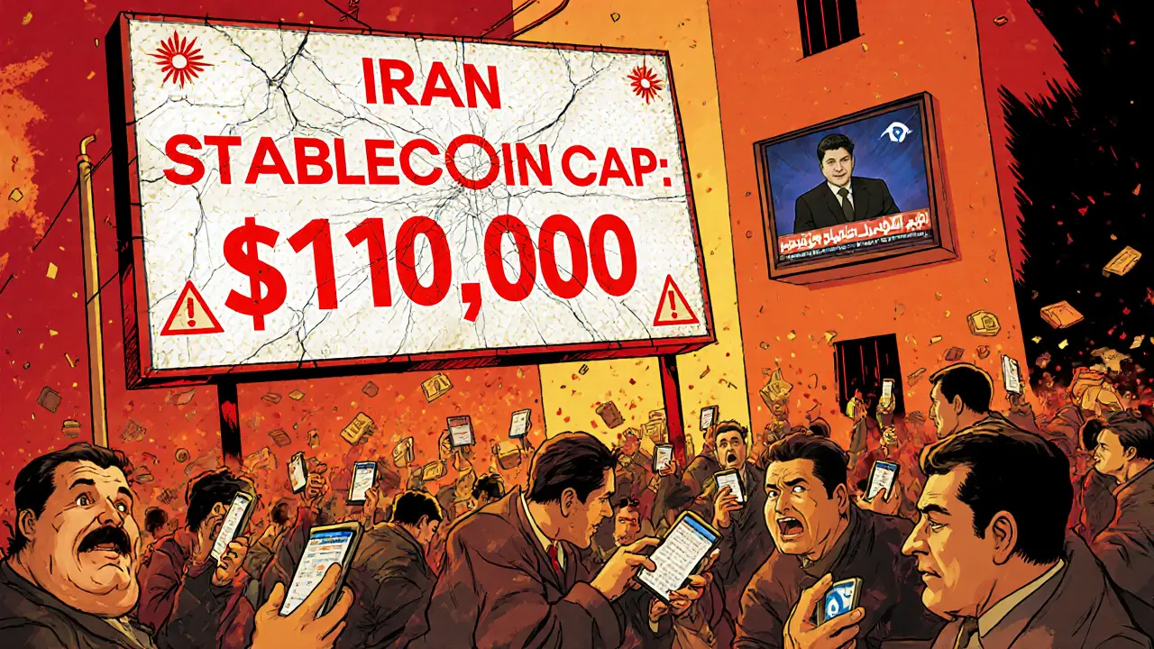 People in Tehran trade crypto on phones as a ,000 cap sign looms overhead with IRGC media broadcast.