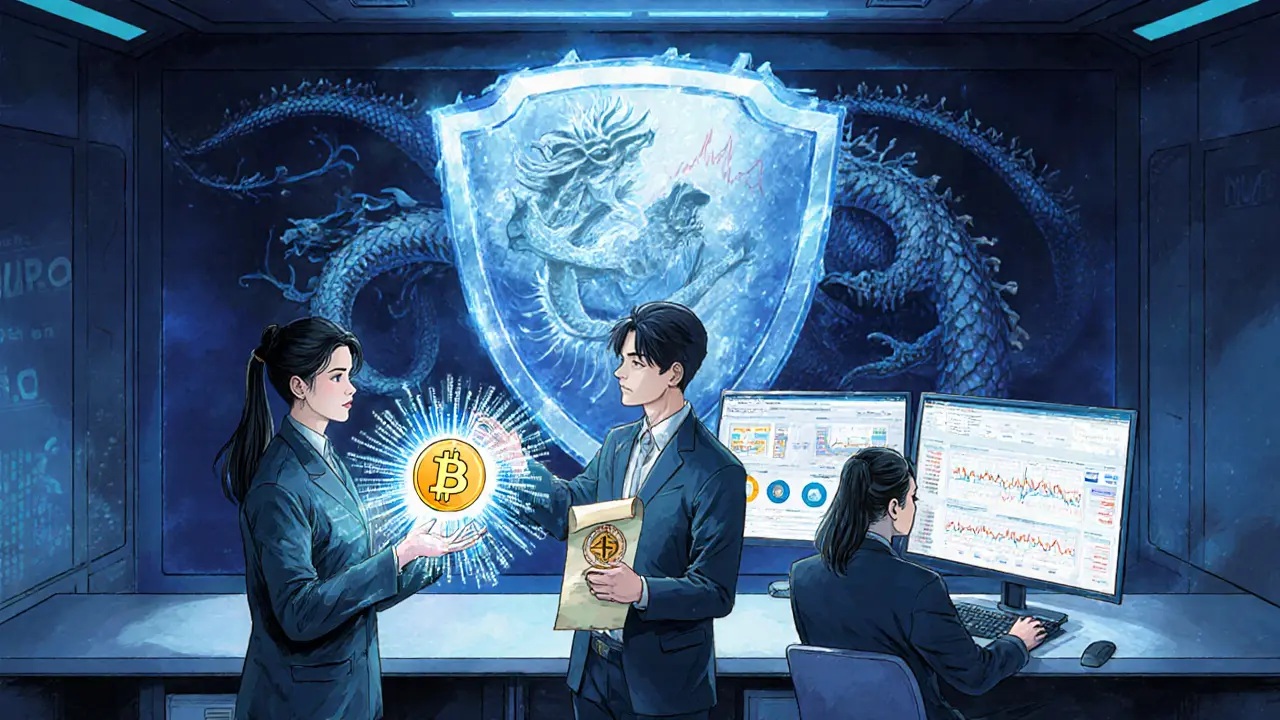 A team of three experts managing digital assets with holograms, compliance scrolls, and quantum shield.