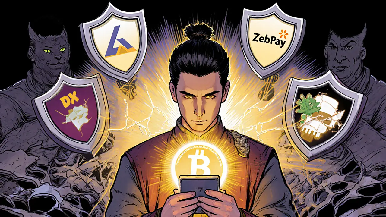 A trader securely moving crypto to a hardware wallet, supported by compliant Indian exchanges in warm light.