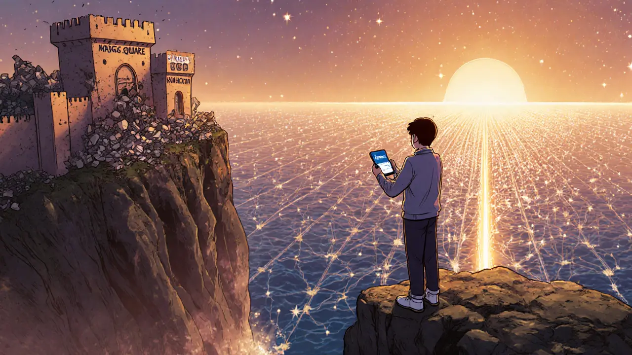A user stands on a cliff with a crypto app, watching regulatory systems crumble as decentralized trade paths stretch into the horizon.