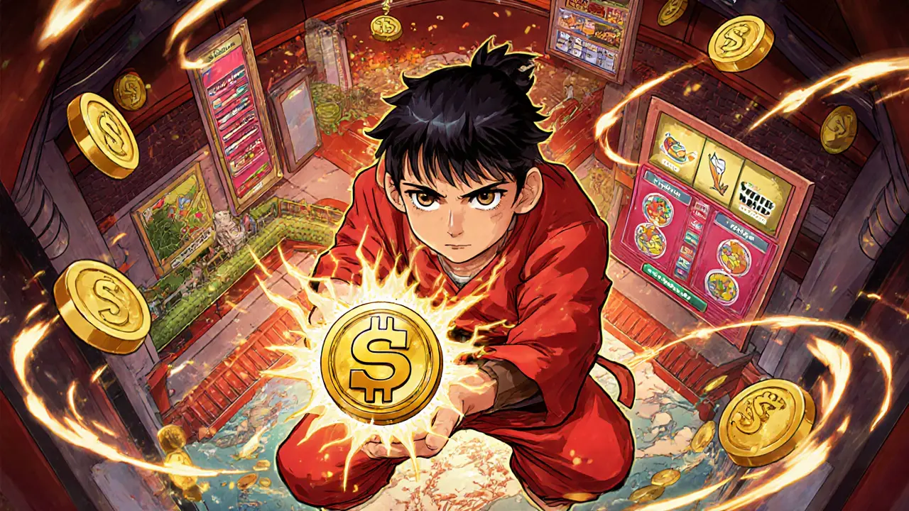 An experienced DeFi user surrounded by SushiSwap farming rewards and cross-chain tools.