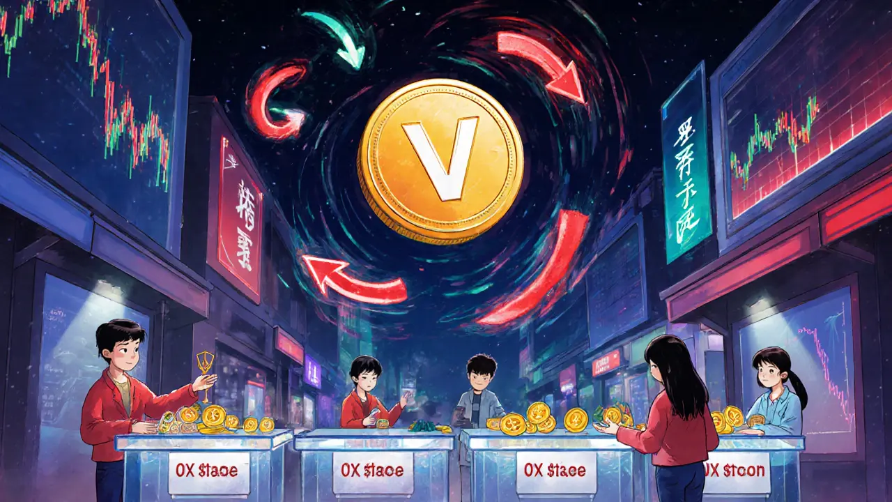 Users trade tokens in a digital marketplace under a giant VERSE token, with conflicting price forecasts swirling around.