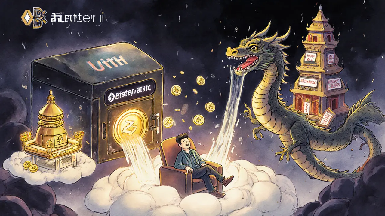 A boosted pool routes funds to Lido and Aave, emitting yield tokens, while a multi-chain dragon displays price savings.