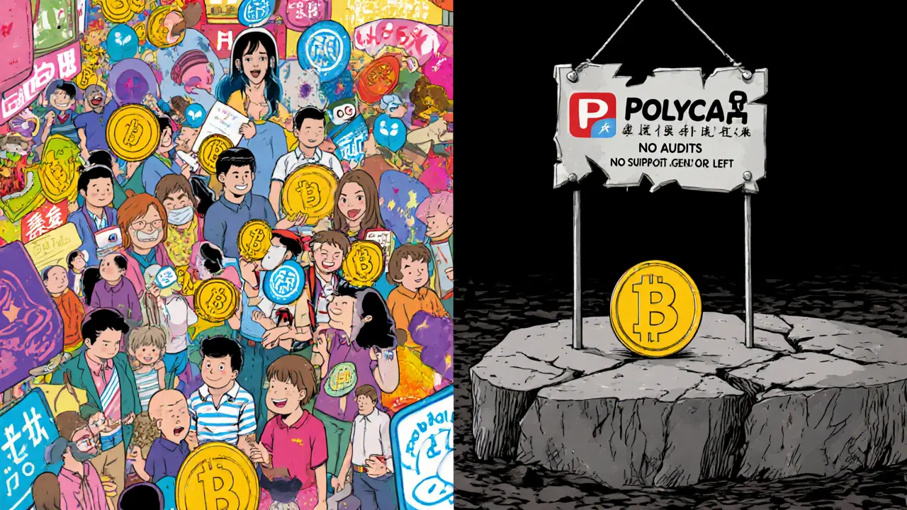 A bustling mainstream DEX hub contrasts with a desolate, crumbling Polycat Finance platform under a broken sign.