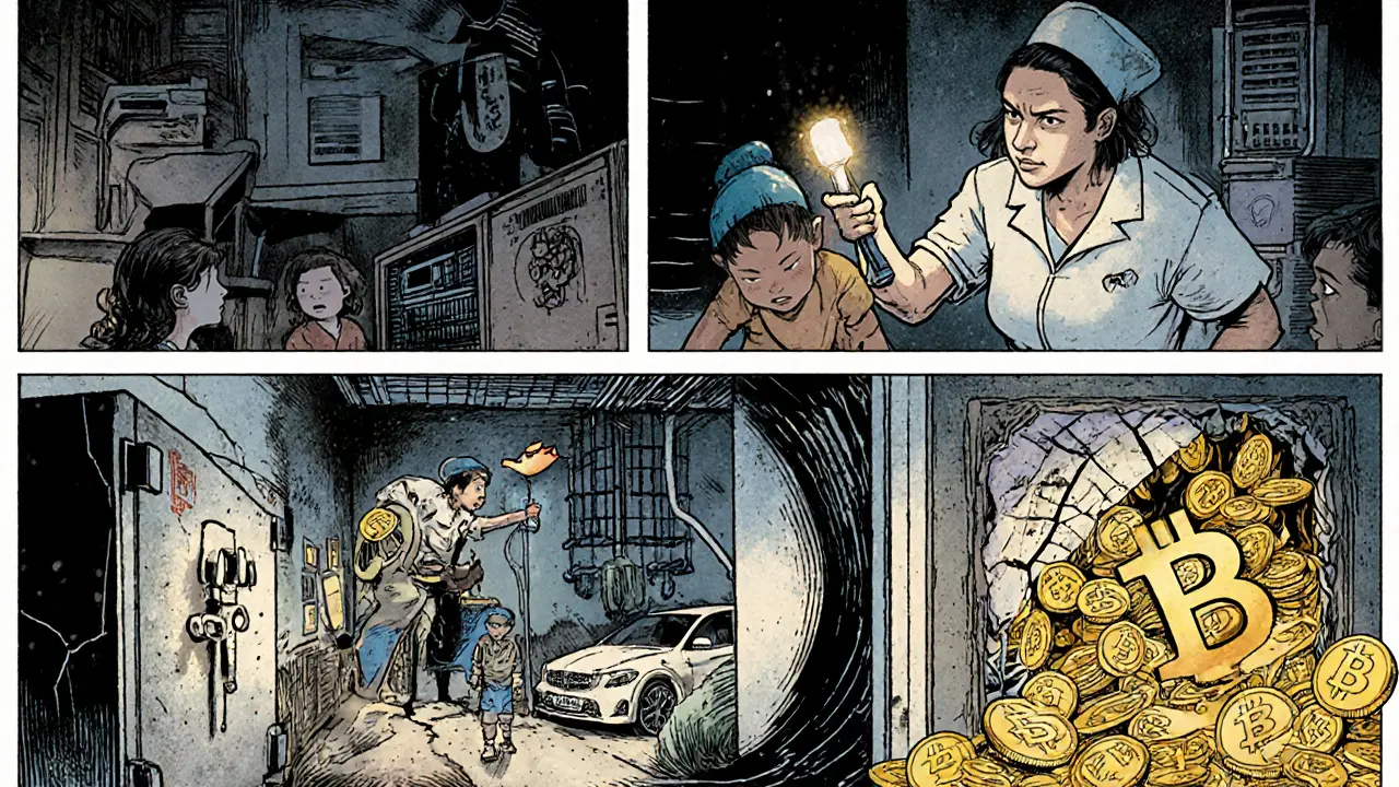 A corrupt worker steals electricity from a hospital to power hidden crypto miners, with luxury goods as loot.