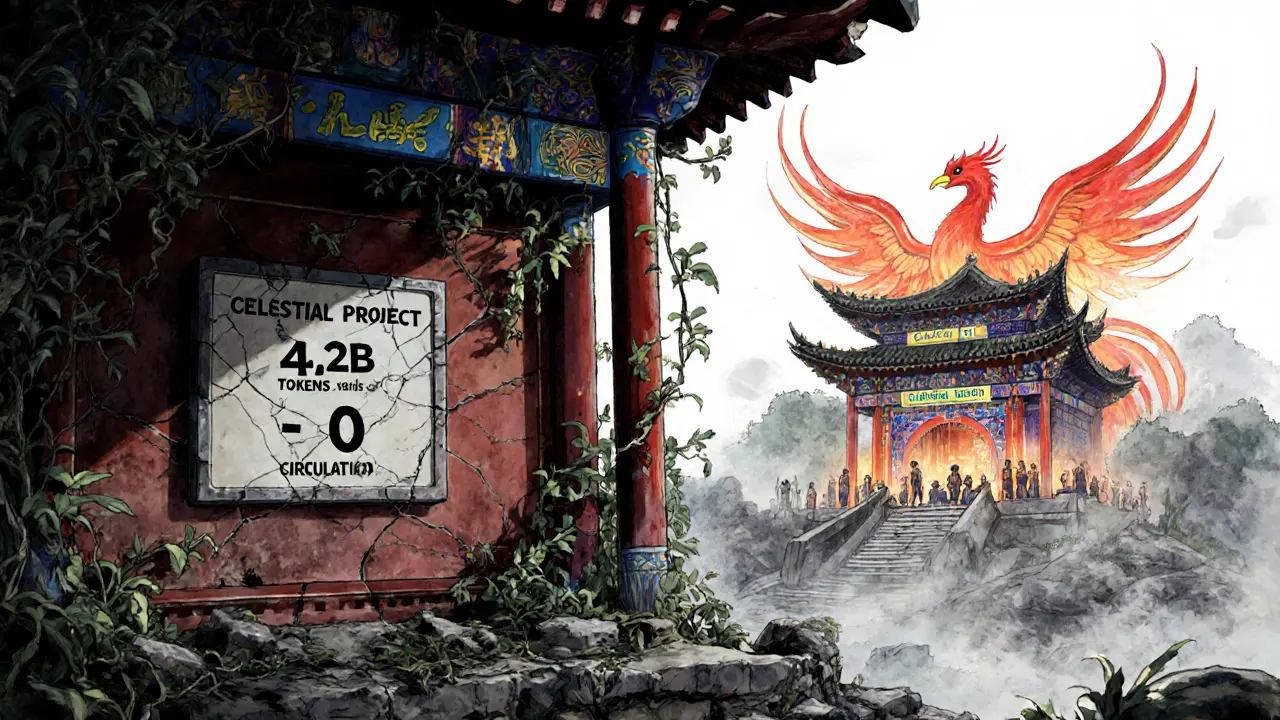 A decaying temple for Celestial next to a thriving Celestia temple, symbolizing dead vs. living crypto projects.