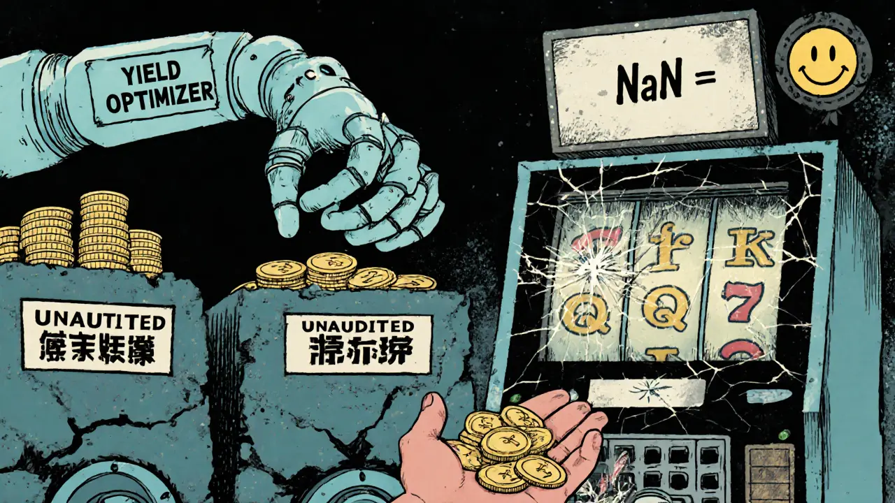 A ghostly robot shuffles tokens into crumbling farms as FISH tokens vanish into a slot machine displaying &#039;NaN&#039;.