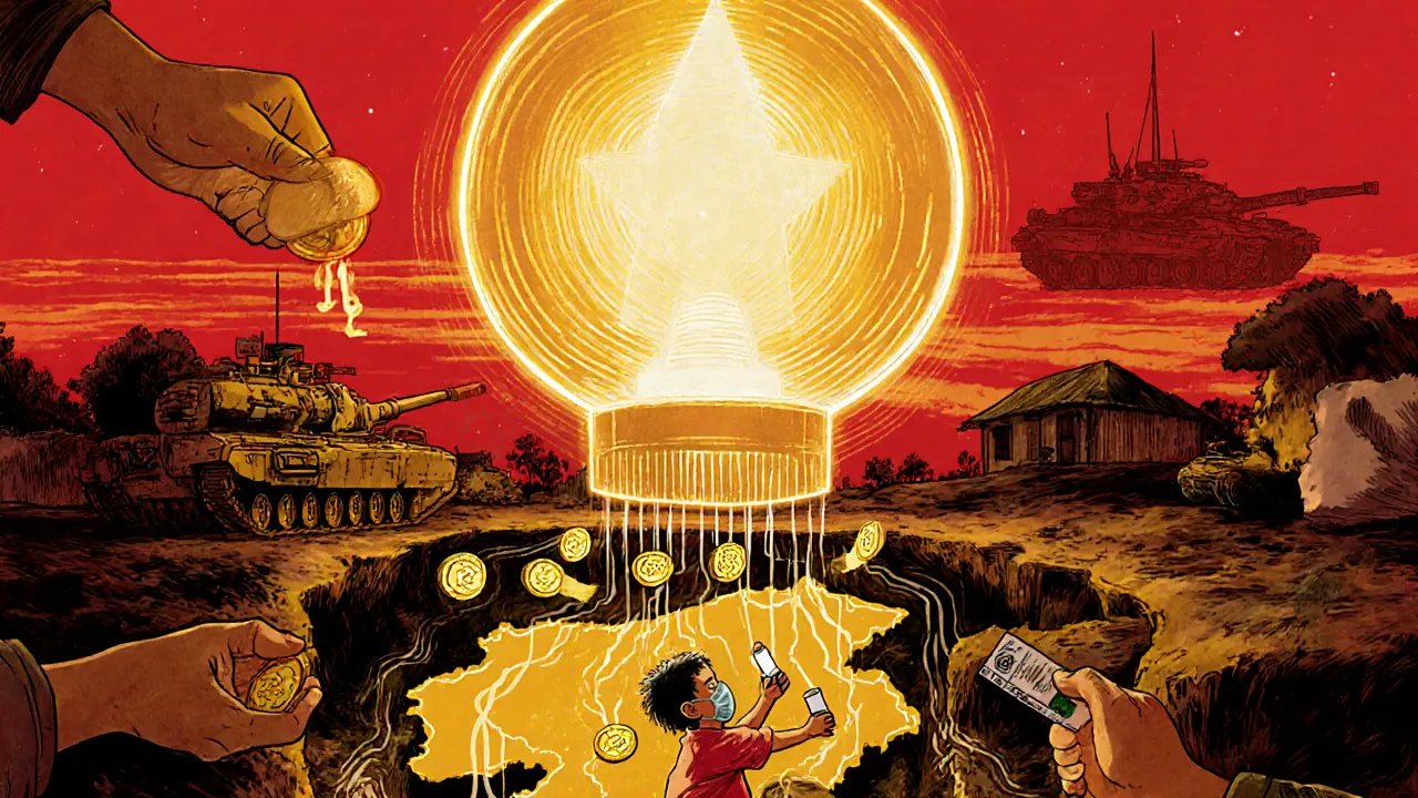 A glowing digital lantern sends USDT funds into Myanmar villages, bypassing military control to deliver aid.
