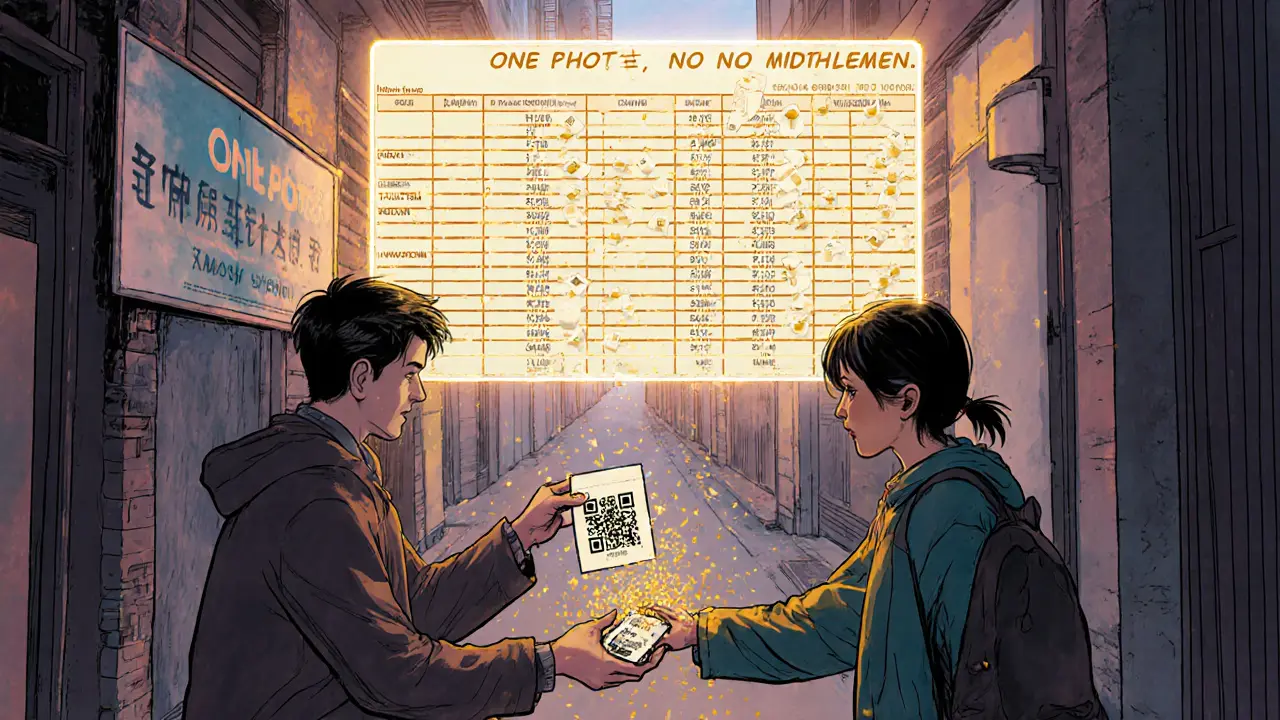 A photographer gives a photo to a customer who pays with a glowing QR code, holographic payments shine above.