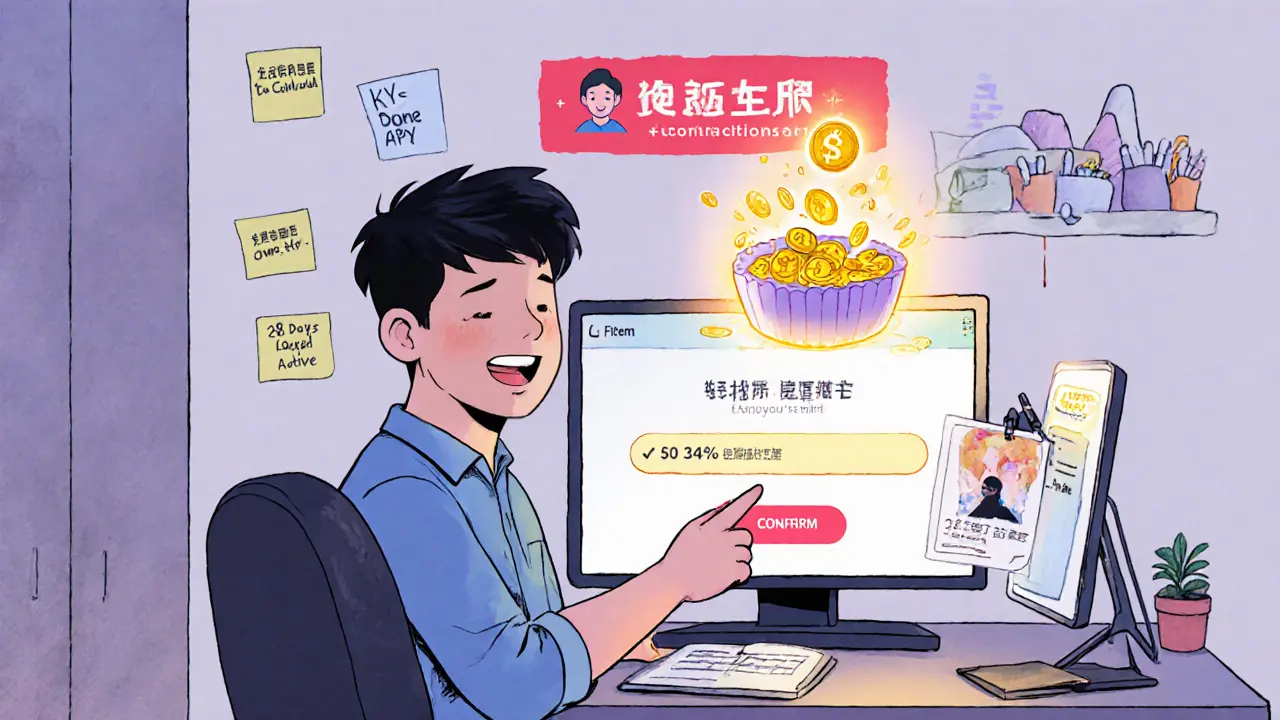 A user claiming a Cake DeFi airdrop with  in DFI and 34.5% APY earnings on screen.