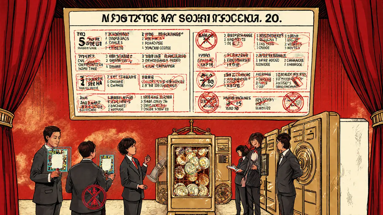 Crypto exchange floor with staff verifying users via holograms, only 12 licensed platforms displayed.