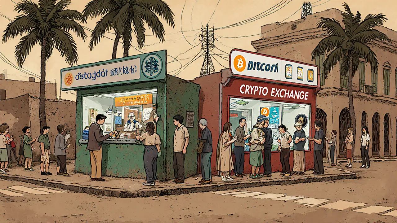Cubans line up at licensed crypto exchange booths in Havana, using smartphones to send and receive digital currency.
