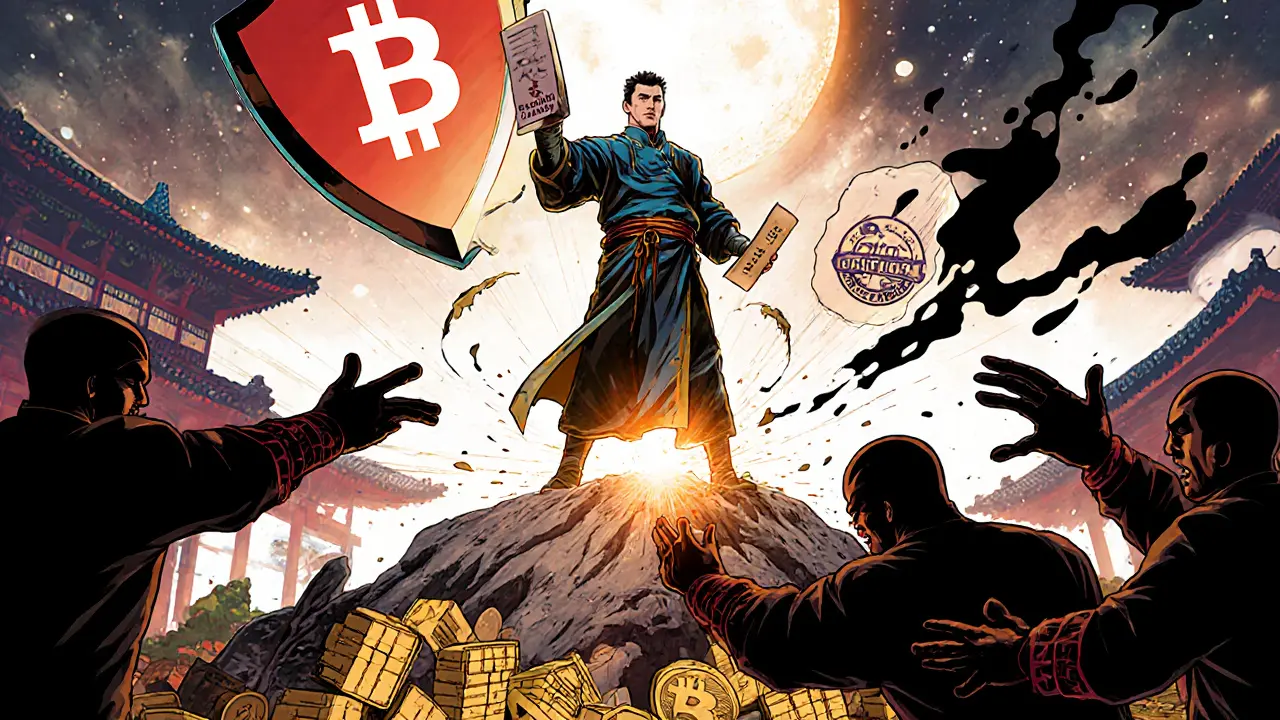 Heroic figure protecting DFI tokens from scammers using an official DeFiChain Wallet.