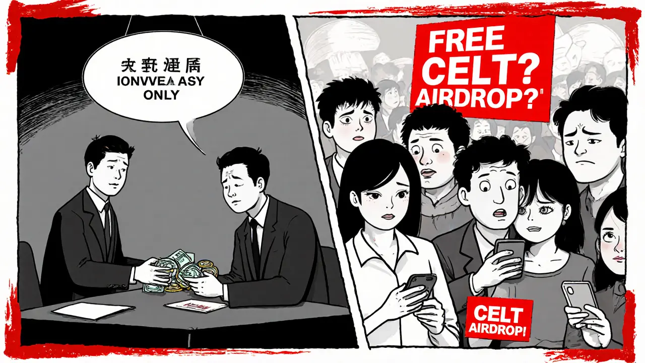 Split scene: investors trading tokens privately vs. confused people chasing fake airdrop scams online.