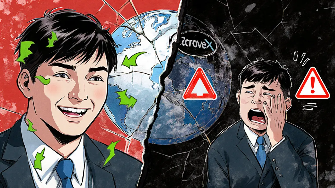 Split scene: trader celebrating a trade vs. same trader facing empty wallet, with cracked GroveX globe in background.