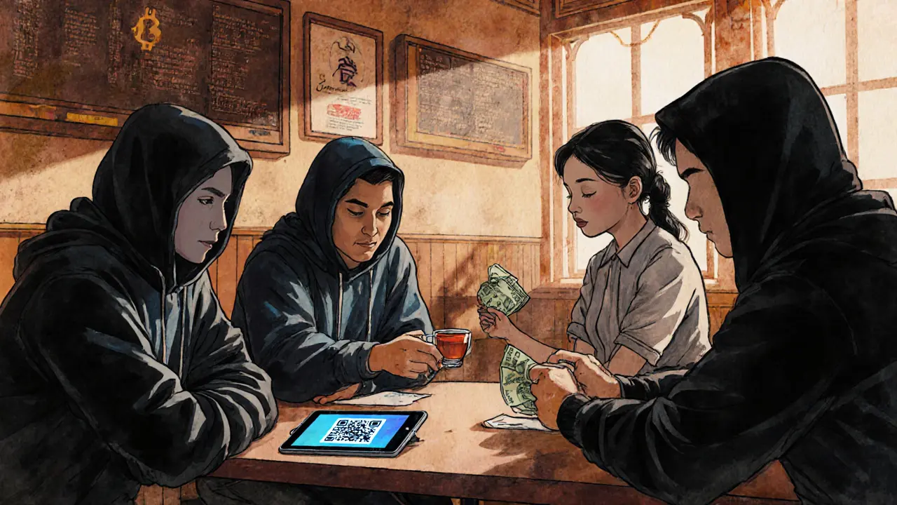 Three traders secretly exchange cash for Bitcoin in a Yangon coffee shop while a waitress serves tea nearby.