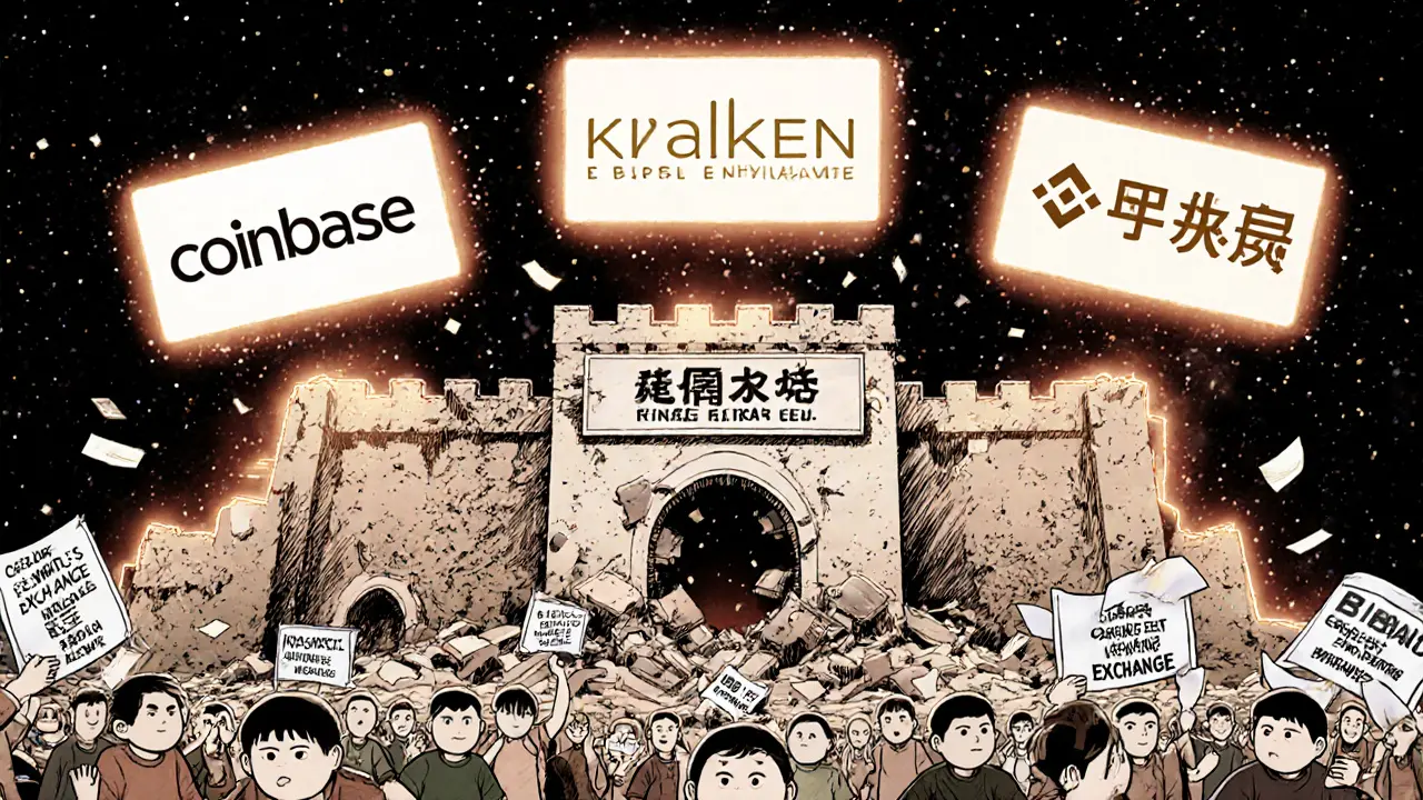 A crumbling fake exchange collapses as legitimate platforms stand strong above fleeing users.