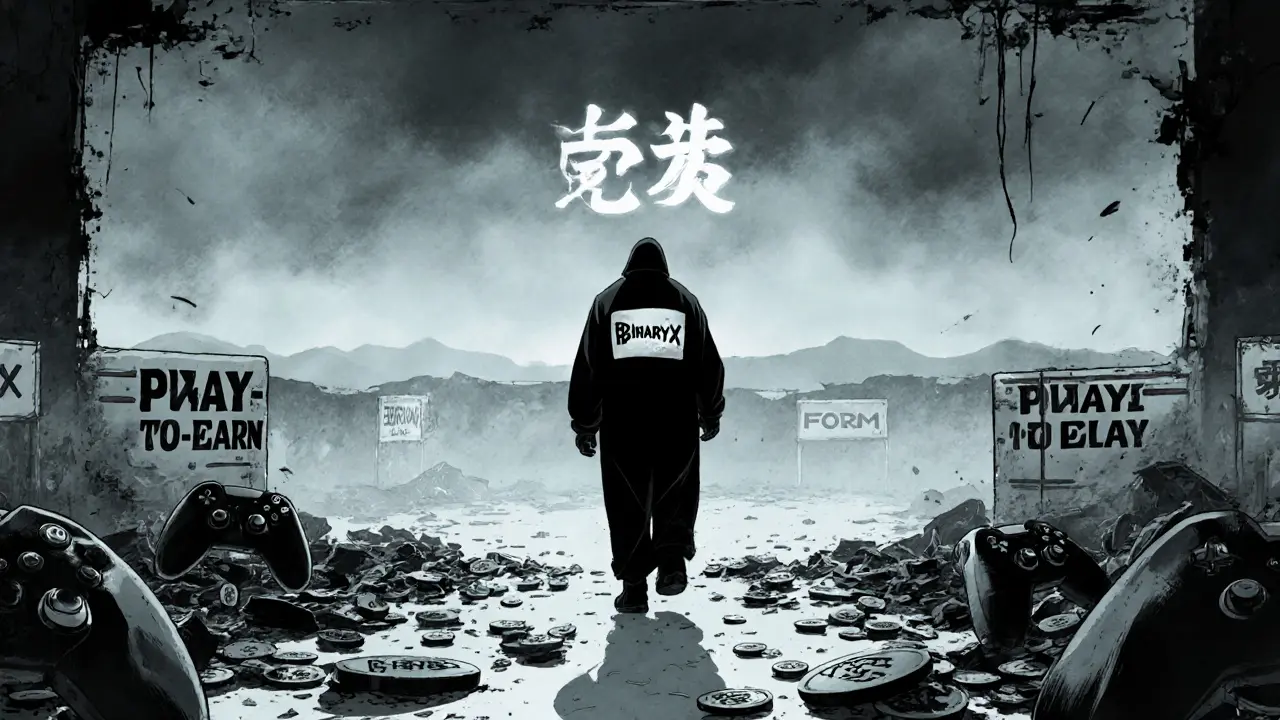 A mysterious figure leaving behind a fallen gaming empire as a faint FORM logo appears in the distance.