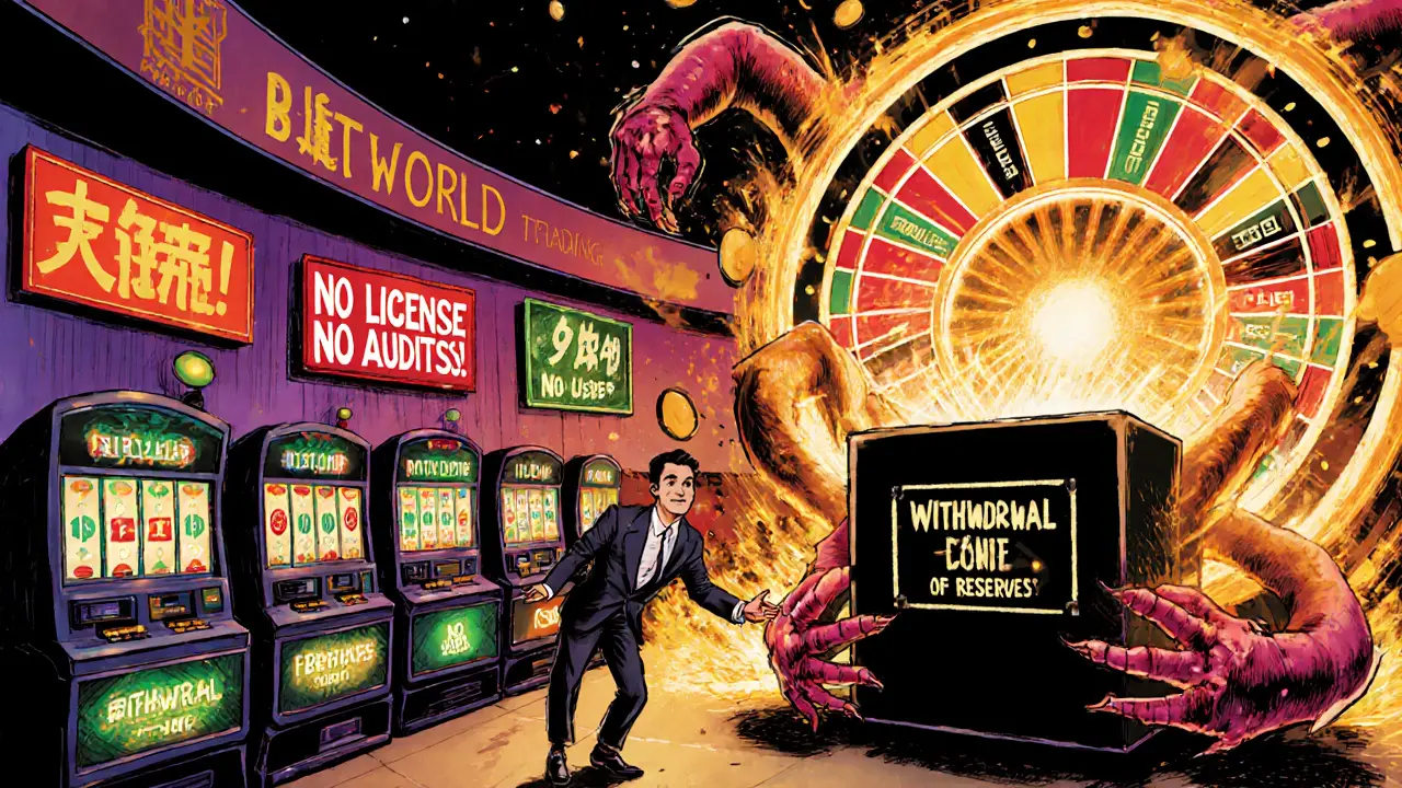 A trader is pulled into a void by clawed hands in a casino-themed scam exchange interior.