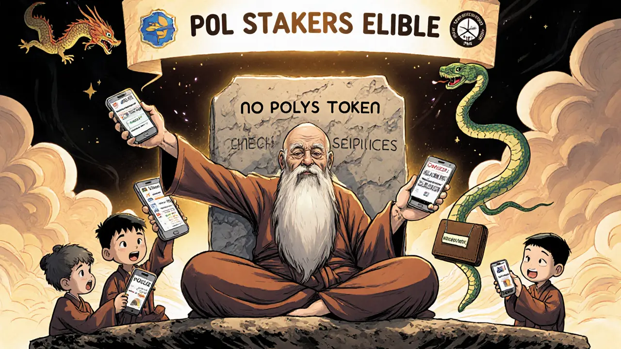 A wise sage warns disciples about fake airdrops, pointing to a stone tablet that says &#039;No POLYS Token&#039;.