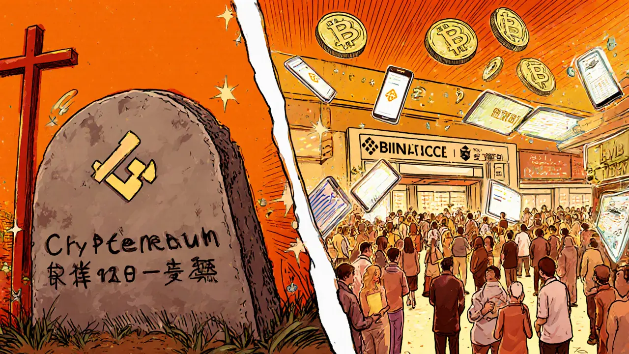 Contrasting scene: faded Crypterum tombstone vs. lively modern exchanges with traders and floating tokens.