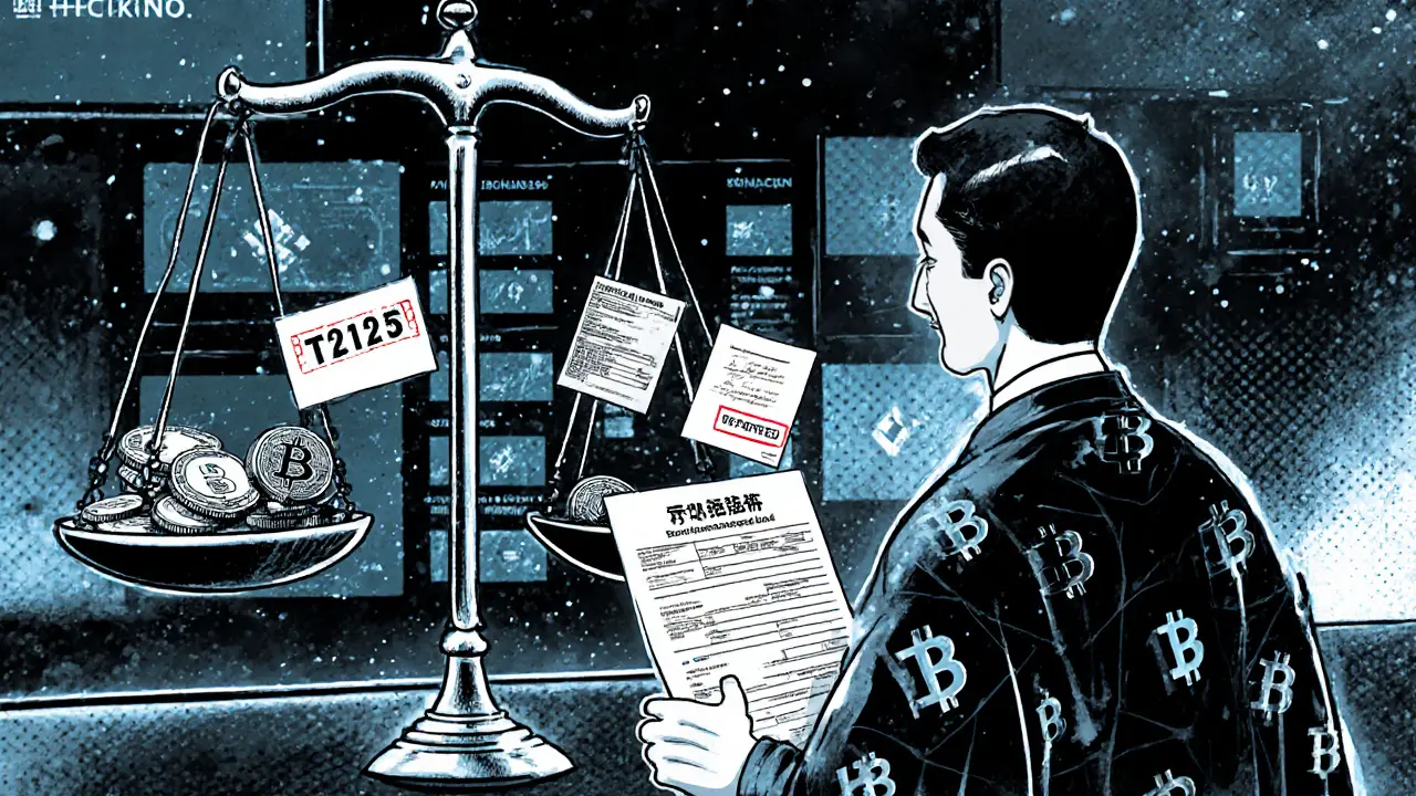 Crypto owner in courtroom facing judge with blockchain robe, scale weighing capital gains against business income.