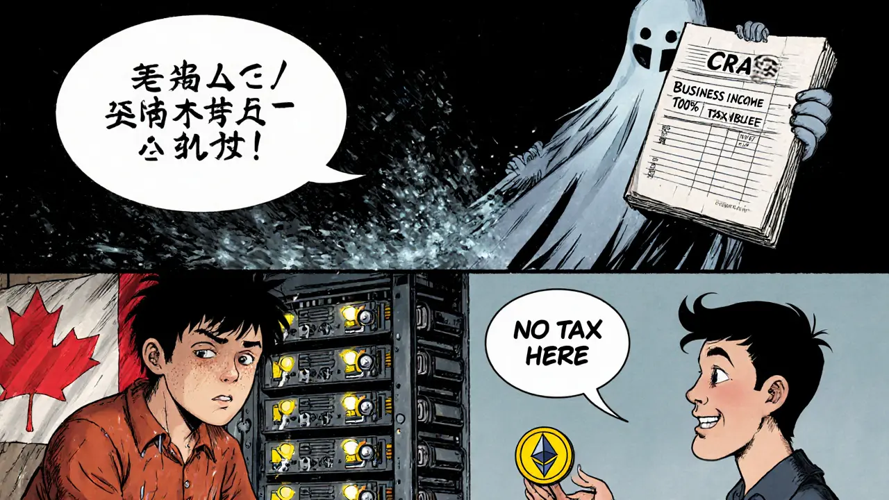 Miner in basement with crypto rigs vs. person gifting Ethereum, showing business income vs. tax-free gift in manhua style.