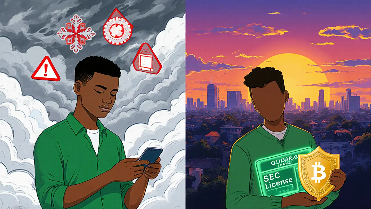 Two traders: one on risky unlicensed exchange, other safe on licensed platform.