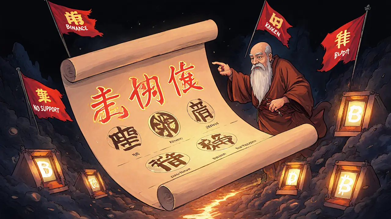 Warning scroll with red flags and a sage pointing toward three trusted crypto exchange portals.