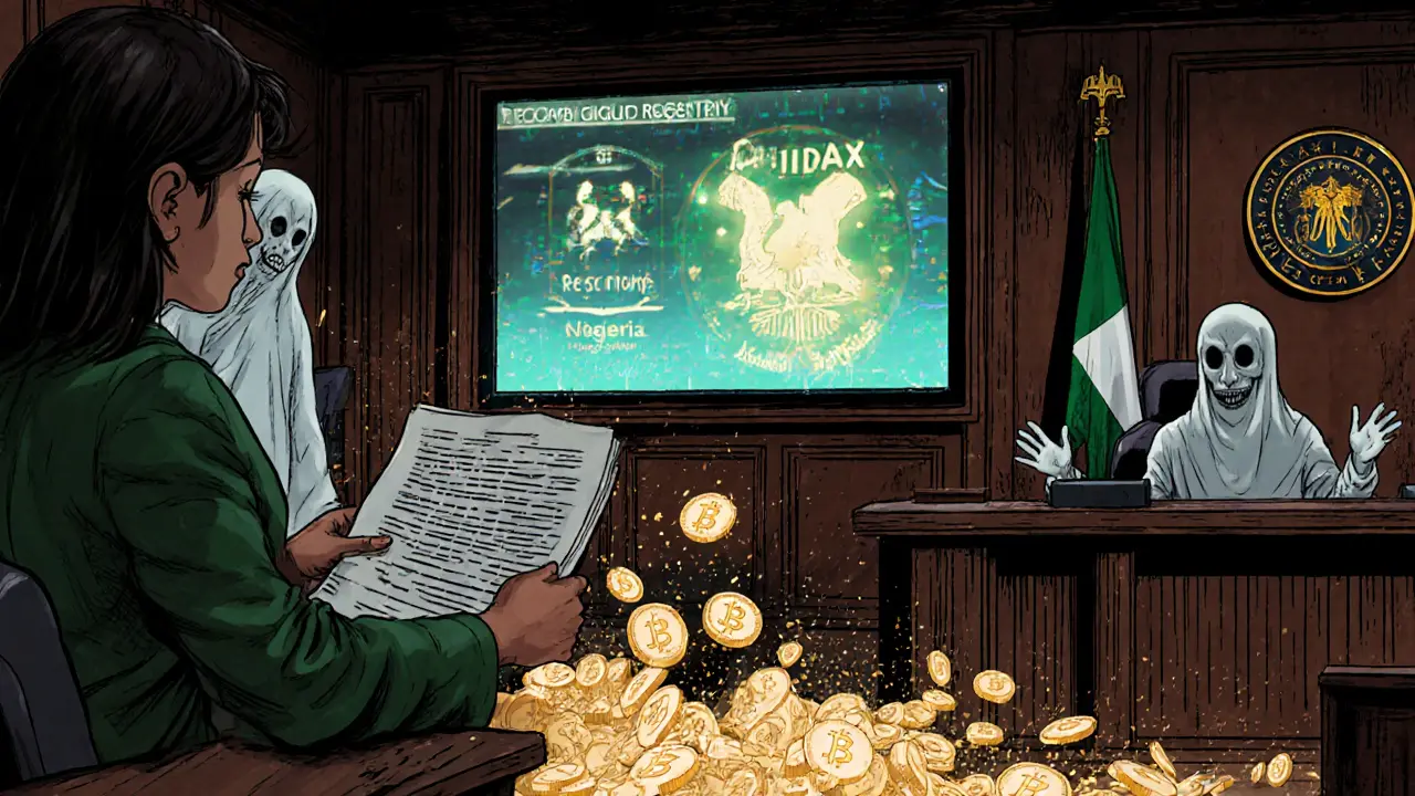 Woman presenting records in court as unlicensed exchanges crumble behind her.