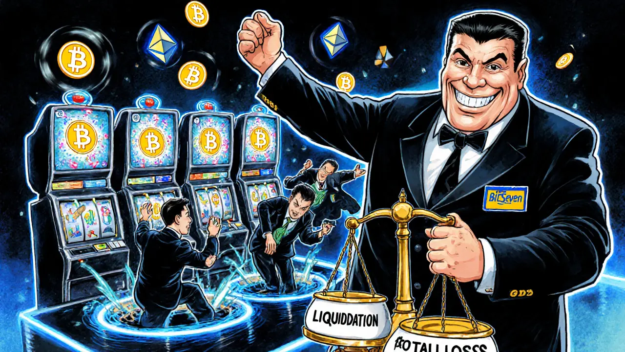A casino where crypto assets are slot machines, with traders being sucked into liquidation vortexes under a sinister boss.