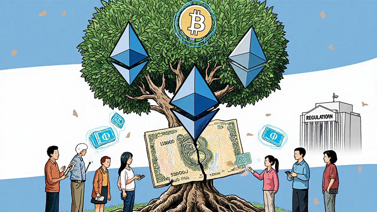 A crypto tree grows from a broken peso, nourishing Argentines with digital money and blockchain roots.