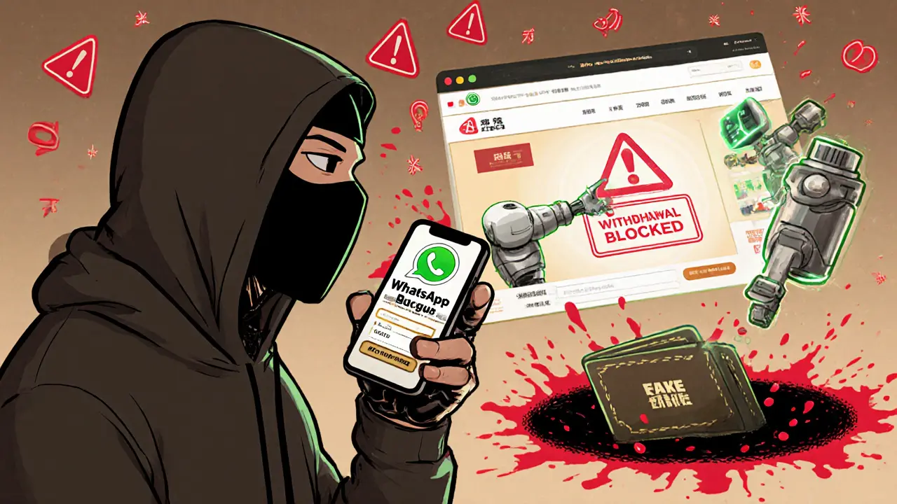 A masked scammer using WhatsApp to trick a trader into a fake crypto exchange, with a wallet draining into a black hole.