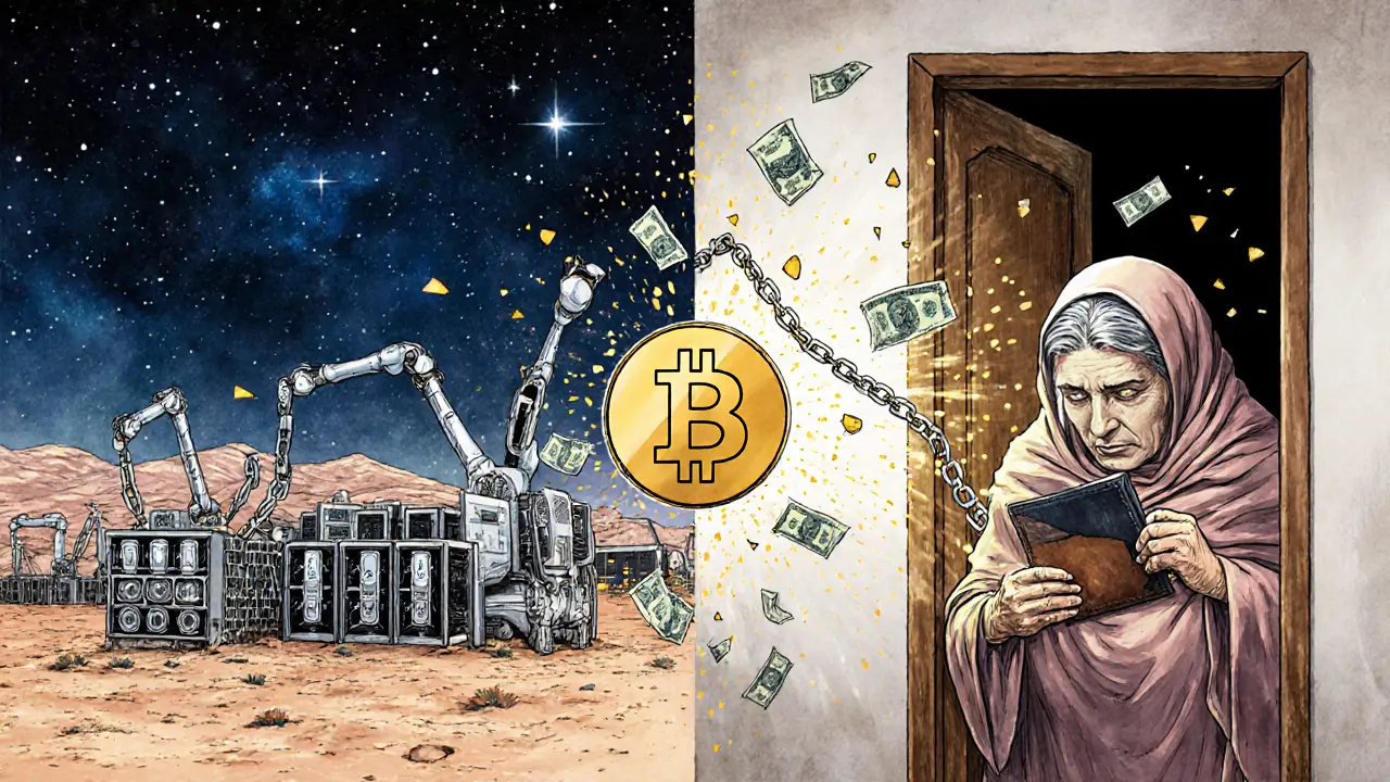 A state mining farm contrasts with a grandmother hiding a Bitcoin wallet from police.