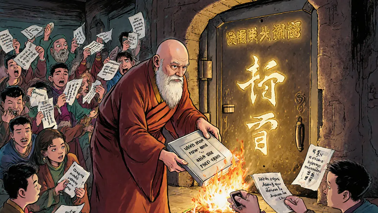 An old monk places a 12-word seed in a vault as others wildly write 24-word phrases on fragile materials.