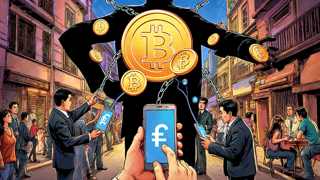 Buenos Aires residents exchange glowing stablecoins in a vibrant street scene, defying economic collapse.