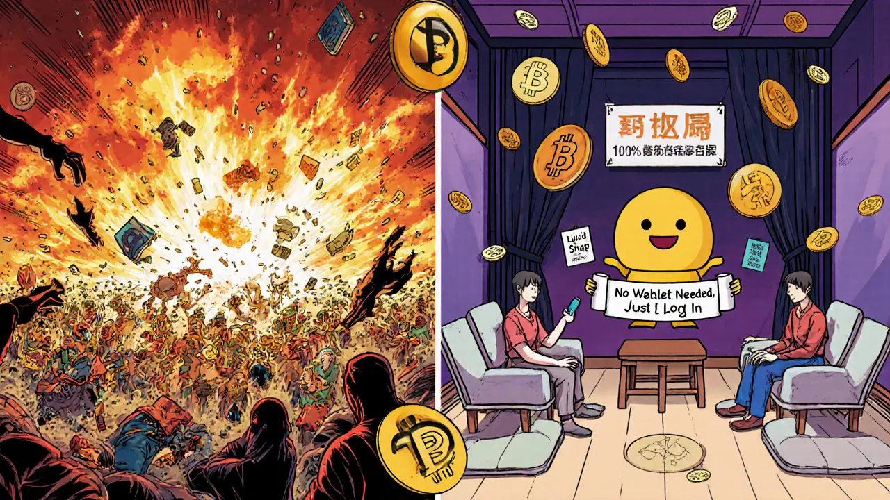 Chaotic DeFi battle vs. calm Binance Liquid Swap lounge with no wallet needed.